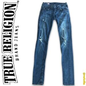 True Religion Jeans Distressed Frayed Julie Super T 25 Dark Wash 34.5" Inseam